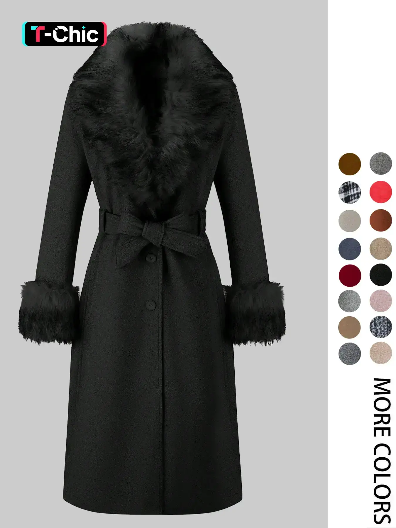Women's Fall Winter Mid-Length Long Sleeve Solid Color Coat, Warm Fitted Coat with Fur Collar, Waist Belt & Pockets, Casual Style, Jackets, Outerwear, Womenswear