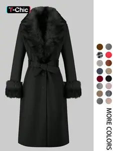 Women's Fall Winter Mid-Length Solid Color Coat, Warm Fitted Coat with Fur Collar, Waist Belt & Pockets, Casual Style, Jackets, Outerwear