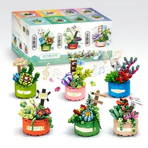 6 Pack Succulent Flower Building Set (867 Pcs) - Rotating Music Box Botanical Bricks Kit