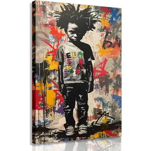 Artistic Graffiti African American Child Wall Artwork, Framed-Unframed Urban Street Print, Bold Black Kid Portrait with Colorful Background, Home Decor for Living Room, Hanging Gift Option