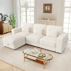 102" Convertible Sectional L-Shaped Sofa Couch with Storable Ottoman,Deep Seat Sofas for Living Room,Bedroom Apartment,with USB Type-C Ports and Pillow (Chenille)