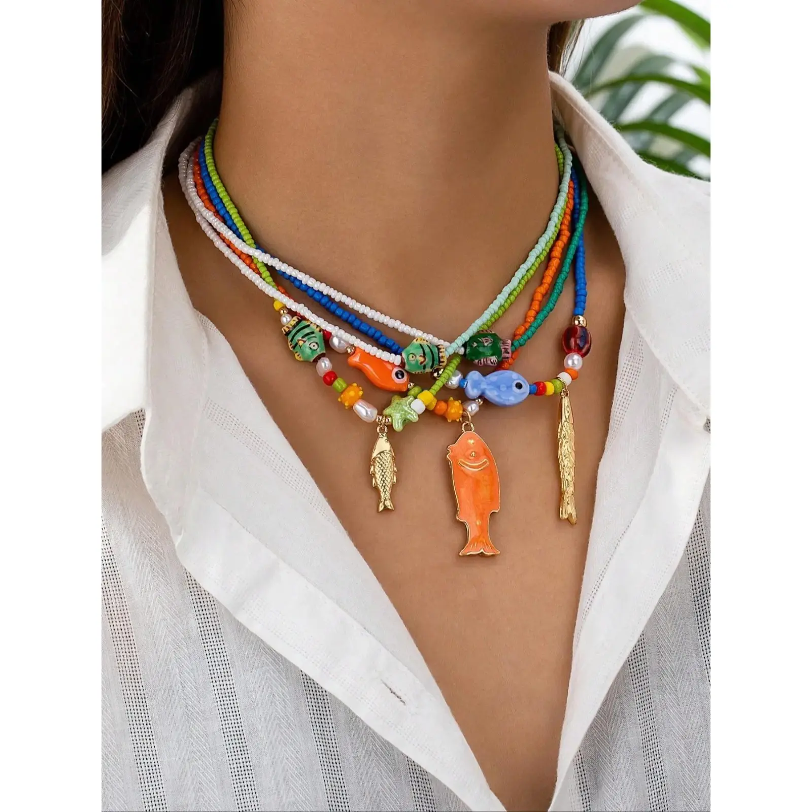 5-piece set Women's Elegant Colorful Beaded Necklace Set, Trendy Marine Life Charm Layered Statement Necklaces, Adjustable Tarnish-Proof Jewelry Gift for Girlfriends