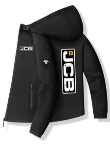 Men's Fashion Jacket with Jcb Logo, Stylish Zipper Pockets, Casual Hooded Design, Polyester Material, Spring & Fall Outerwear