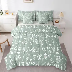 Mint White Comforter Set,Vintage Style Garden 7 Pieces Bedding Flowers and Plants Bed Set with Sheets Wildflower Botanical Pattern Bed in A Bag Bedroom Decor