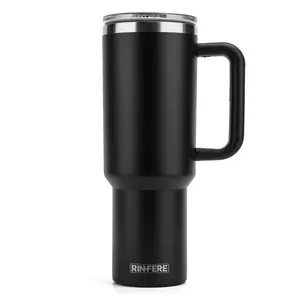 RINFERE Tumbler with Handle, Straw and Slide Lid - 100% Leak Proof, Cup Holder Compatible for Travel - Insulated Stainless Steel Cup - Non-Slip Silicone Pad - BPA-Free (40 OZ)