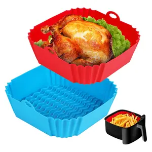 2 PCS Square Silicone Air Fryer Liners - 8 Inch Reusable Air Fryer Pot - Air Fryer Accessories - Cooking Utensils - Air Fryer Inserts for 4 to 7 QT Oven Microwave Accessories Household (Red + Blue/black+grey)