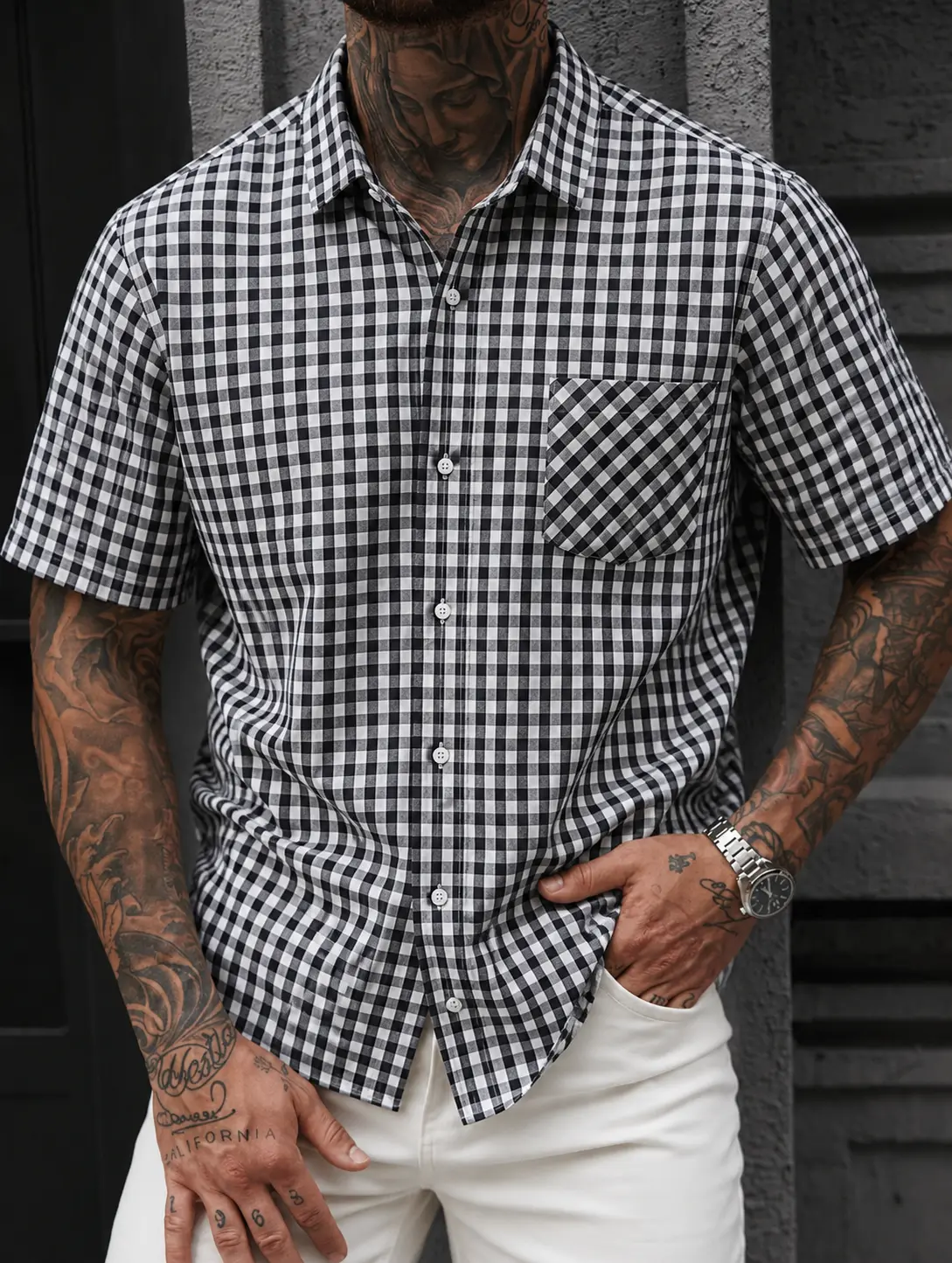 Men's 100% Cotton Classic Checked Short Sleeve Button-Down Shirt, Menswear Fabric, Lightweight Breathable Casual Collared Shirt for Daily Wear, Outdoor Use, Shortsleeve