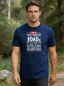 Men's T-shirt with Father's Day printed patterns and text featuring lucky daughter and dad, designed in a funny and humorous style, suitable for daily casual wear and gatherings
