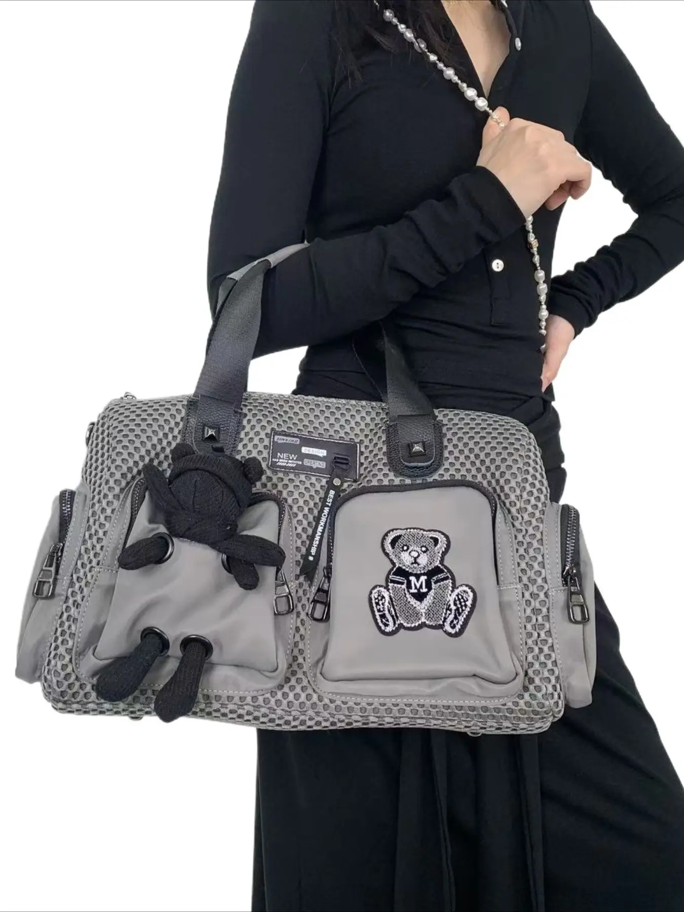 Ladies' personalized multi pocket tote bag with mesh splicing nylon hands, multifunctional commuting, portable single shoulder crossbody bag, Commuter Bag, Casual Commuting Handbag, Casual Patched Handbag, Daily Commuting Bags
