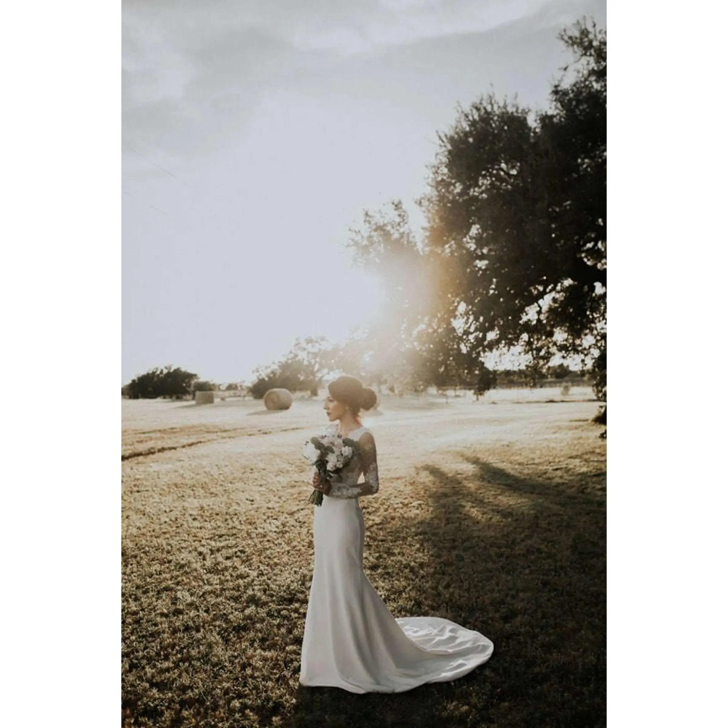 Women's Polka Dot Full-Length Fit & Flare Wedding Gown - Long Sheer Sleeves, Nude Bodice Lining, Chapel Length Train, Pearl Beading, Tulle & Lace, Mesh, Zip Closure