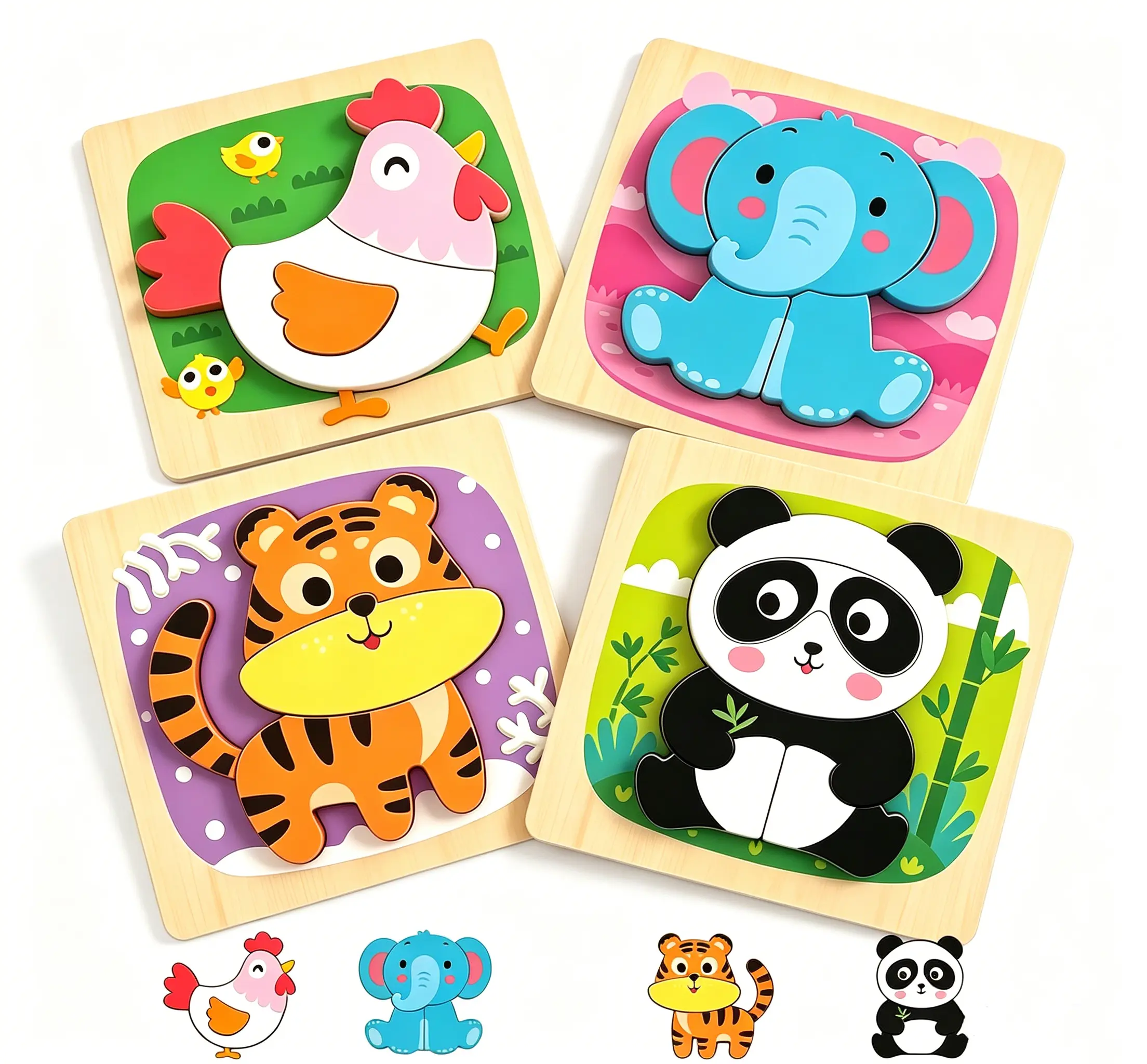 Solid Wood Toddler Puzzles (1-4 Years), Unisex 4 Animal Puzzles Montessori Educational Learning Toys with Smooth Safe Edges, Easter/Christmas Patience-Building Gifts for Kids