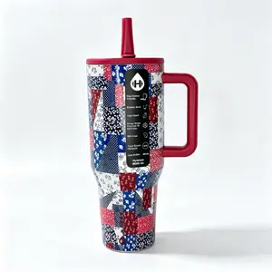 HydroJug 40oz Vintage Red Blue Patchwork Floral Tumbler with Red Handle & Straw, Leakproof Insulated Stainless Steel Mug Keeps Ice Cold 24 Hours, Retro Country Style Cup for Home & Road Trips Drinkware Flasks Stylish Bottles Bottled Water Bottles Portable