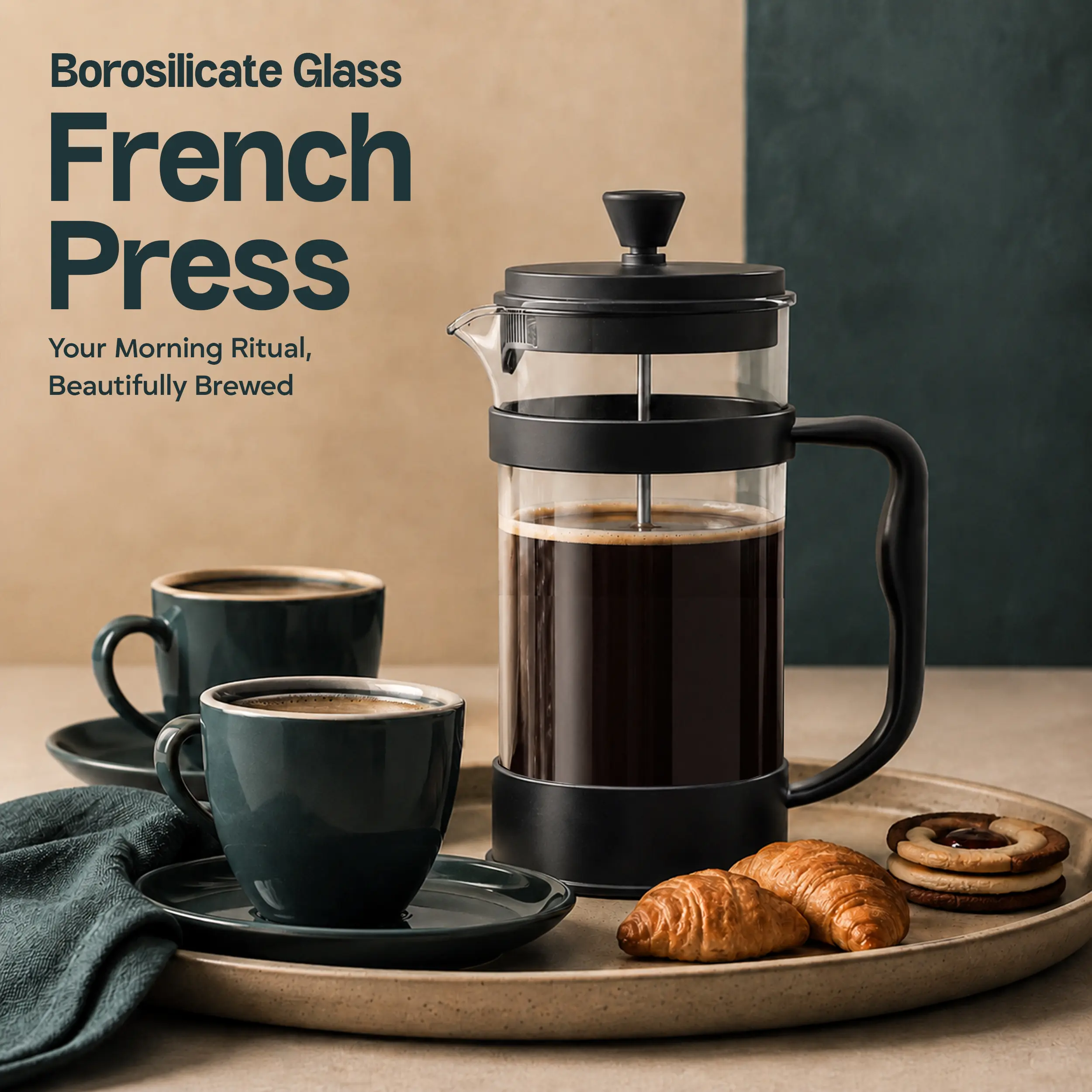 Kichly 34oz Borosilicate Glass French Press Coffee & Tea Maker - Heat-Resistant Thick Glass, Portable Compact Handle, Filter, Campfire-BBQ Party Ready, Black for Smooth Brews
