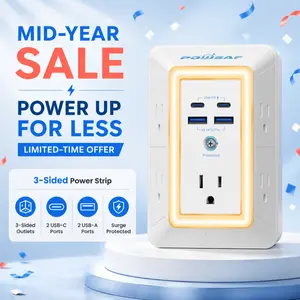 Multi Plug Outlet Surge Protector -SummerVibes- POWSAF 5 Outlet Extender with 4 USB Ports(2 USB-C Fast Ports) and Night Light, 3-Sided Power Strip with Adapter Spaced Outlets - ETL Multiple Sockets