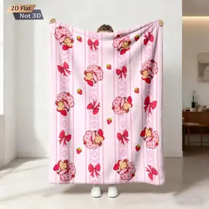 Bestselling 1pc Cute Strawberry Girl Printed Blanket Flannel Soft Comfortable Machine Washable for Napping Sofa Bed Home Casual Use Kids Girls Gift
