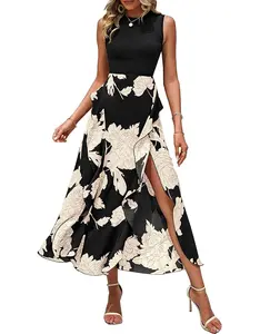 BTFBM Women's Casual Sleeveless Summer Dresses 2026 Spring Crewneck Patchwork Boho Floral Ruffle Cocktail Party Midi Dress #Outdoorfun
