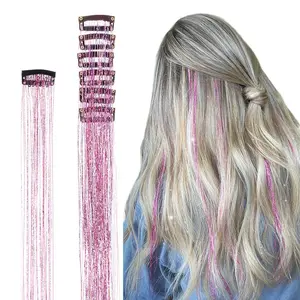 Hair Tinsel, 6pcs Clip in Hair Tinsel 24inch with Clips, Fairy Hair Sparkle Strands#SummerVibes