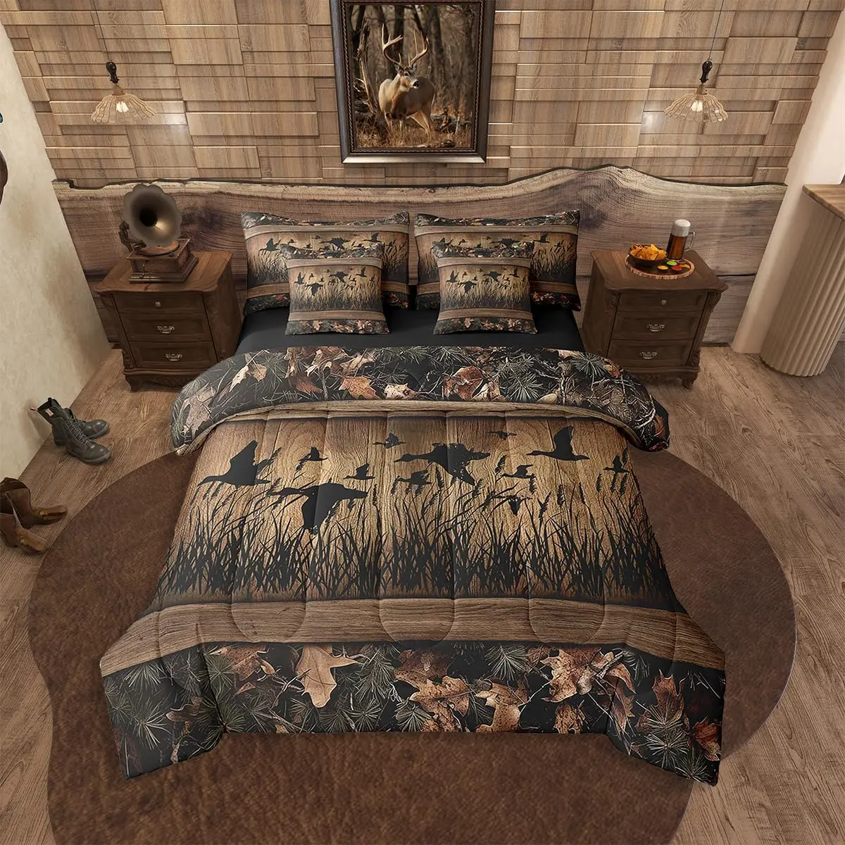 Feelyou 7-Piece Camo Mallard Duck Soft Bedding Set - Queen Microfiber Breathable Duvet, Rustic Farmhouse Cabin Themed Bed Comforter, Decorative Country Wood Board Animal Home Decor, Breathable Duvet Set, Decorative Bedding Set