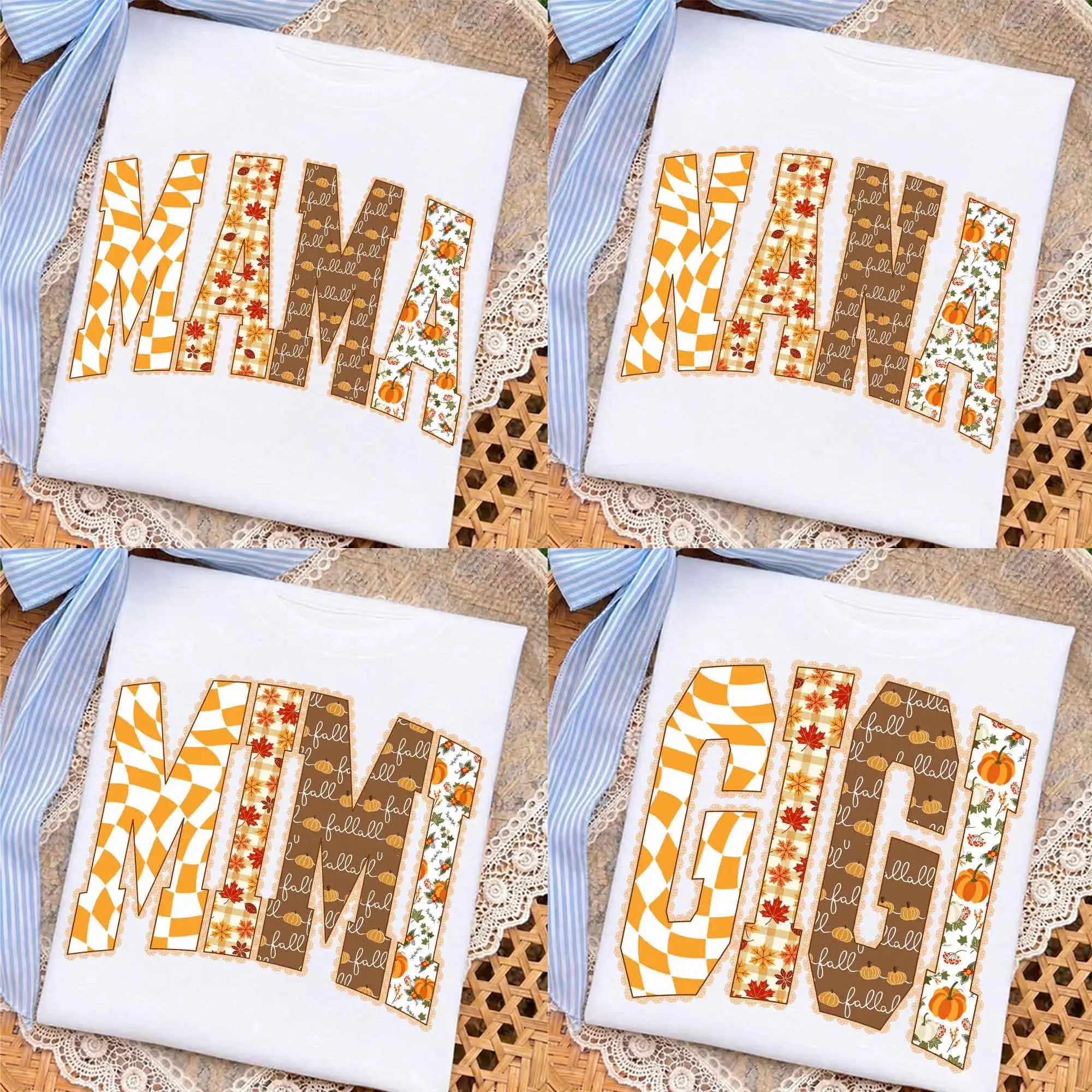 Comfort Colors Fall Mama Nana Mimi Gigi T-Shirt - Retro Patchwork Letters With Orange Checkerboard, Maple Leaves, Pumpkins And Autumn Floral Prints, Thanksgiving Tee For Women, Pumpkin Patch Outfit, Cozy Harvest Gift For Moms, Grandmas And Loved Ones