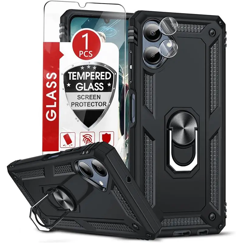 Samsung Galaxy A06-Case: with Glass Screen Protector and Camera Lens Protector, Military-Grade Heavy Duty Android Cellphone Case Cover with Magnetic Ring Stand Funda para Samsung A 06 Accessories Protection Handheld Protective Casing Smartphone