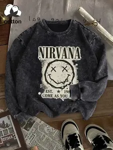 Women's Cotton Letter Nirvana Smiley Graphic Print Round Neck Fitted Sweatshirt, Casual Vintage Pullover for Daily Wear, Fall & Winter Fashion