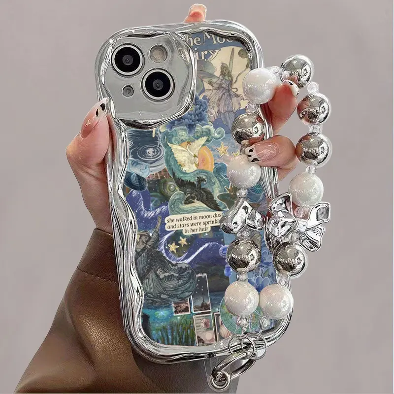 Silver Electroplated Curved Edge Pattern Shockproof Phone Case with Pearl Bracelet Lanyard, Drop-Resistant, Durable, Unique Design, Cute Fashion Thick Cover, Mobile Phone Accessories for iPhone 16-11, Pro, ProMax, Plus, Shockproof Phone Cover