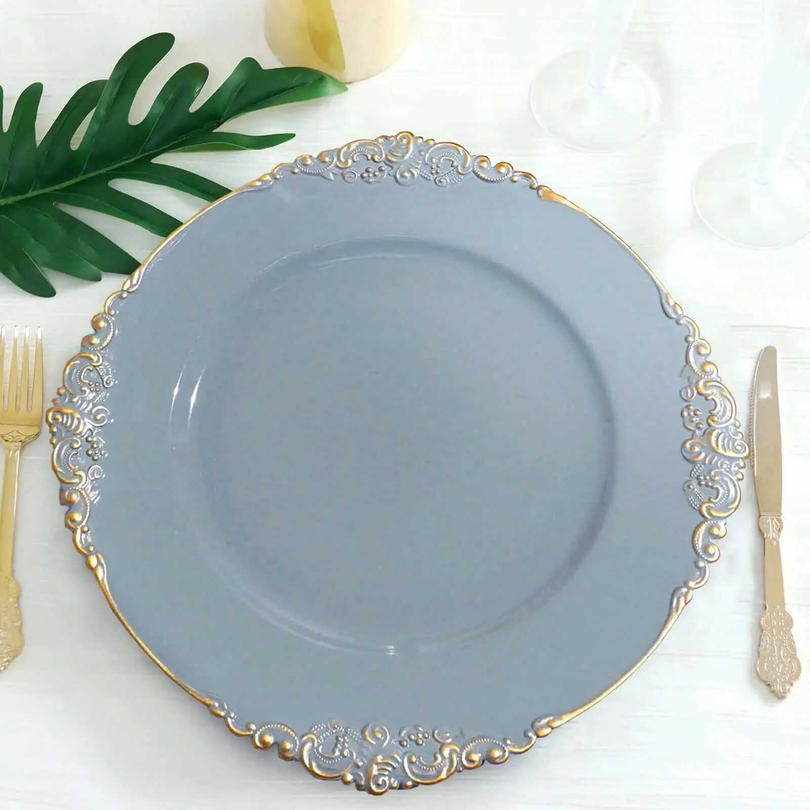 13-in Gold Rim Acrylic Acetate Charger Plates, 6-Pack Round Dusty Blue with Embossed Edge, Antique Decorative Dinner Tableware for Formal Events