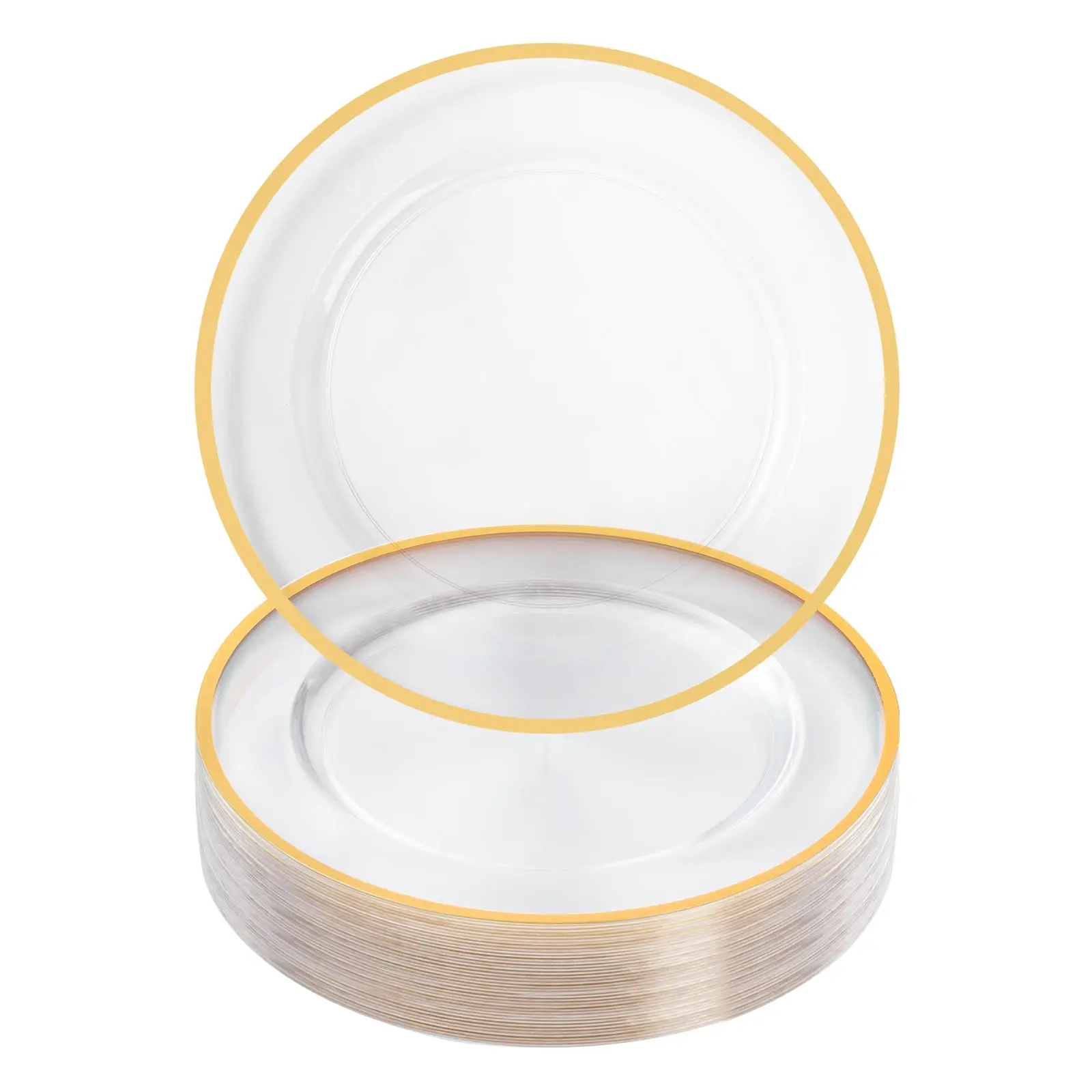 50 Pack Reusable Plastic Clear Charger Plates with Gold Rim, 12-Inch, for Dinner, Wedding, Party, Event Table Decoration, Clear&Gold