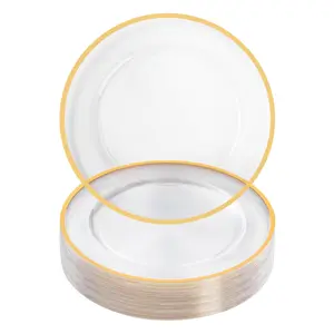 50 Pack Reusable Plastic Clear Charger Plates with Gold Rim, 12-Inch, for Dinner, Wedding, Party, Event Table Decoration, Clear&Gold