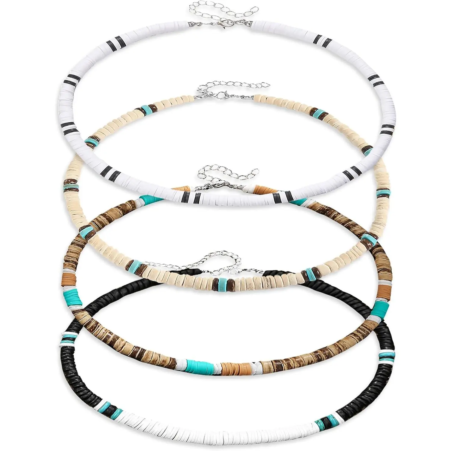 4 count Puka Shell Necklace for Men, Summer Beach Necklace for Women and Men, Brown Coconut Shell Beaded Necklace, Mens Surfer Necklace Choker, Hawaiian Necklace for Men Women