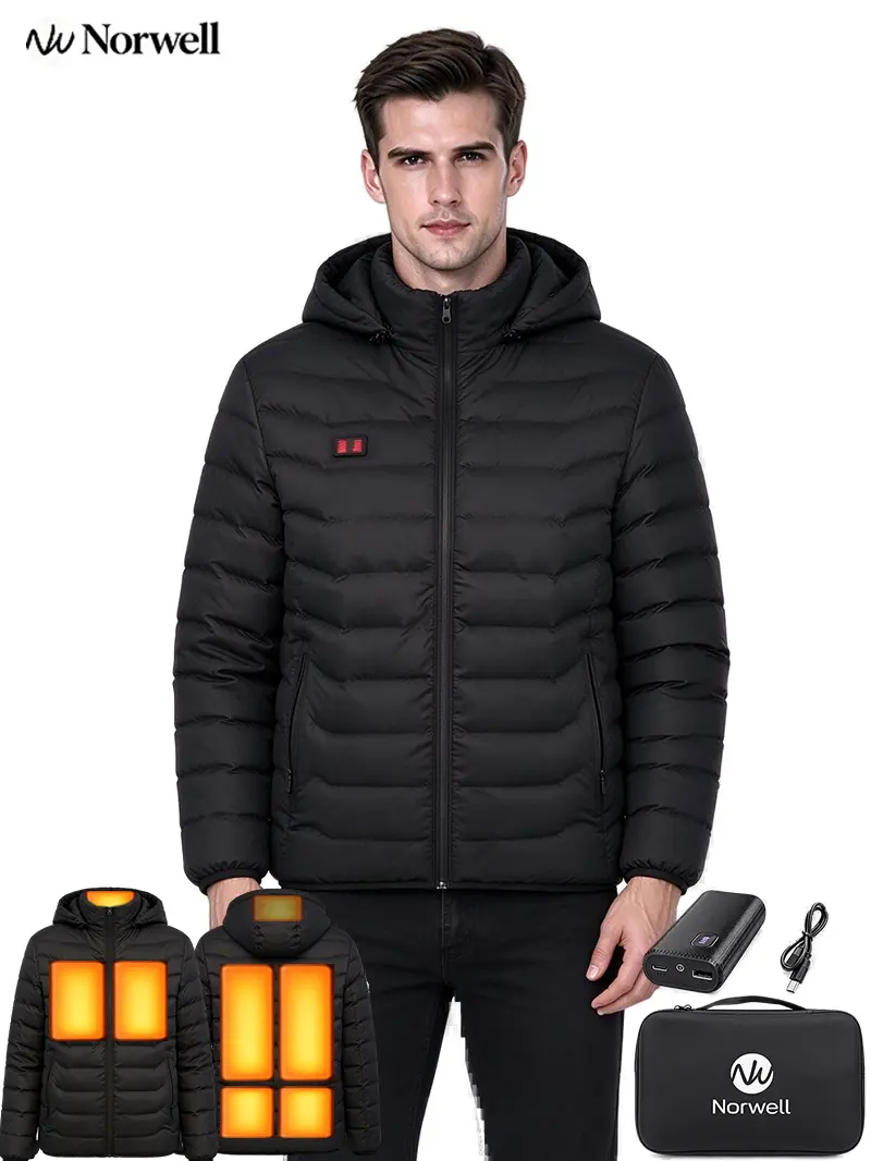 NORWELL Men's Heated Hooded Jacket, Power Bank, Dual Control, 5 Heating Zones, Water-Repellent, Windproof, Long-Sleeve, Thermal, Breathable, Zipper, Pocket,Elastic Cuff, Comfort Softshell Coat for Women, Unisex Winter Outdoor Sports Outerwear, sohochic