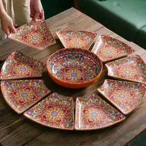 9 Piece Ceramic Dinnerware Sets, Boho Serving Plate Set, Porcelain Dishes Suitable for Family Afternoon Tea, Microwave and Dishwasher Safe, Scratch-resistant