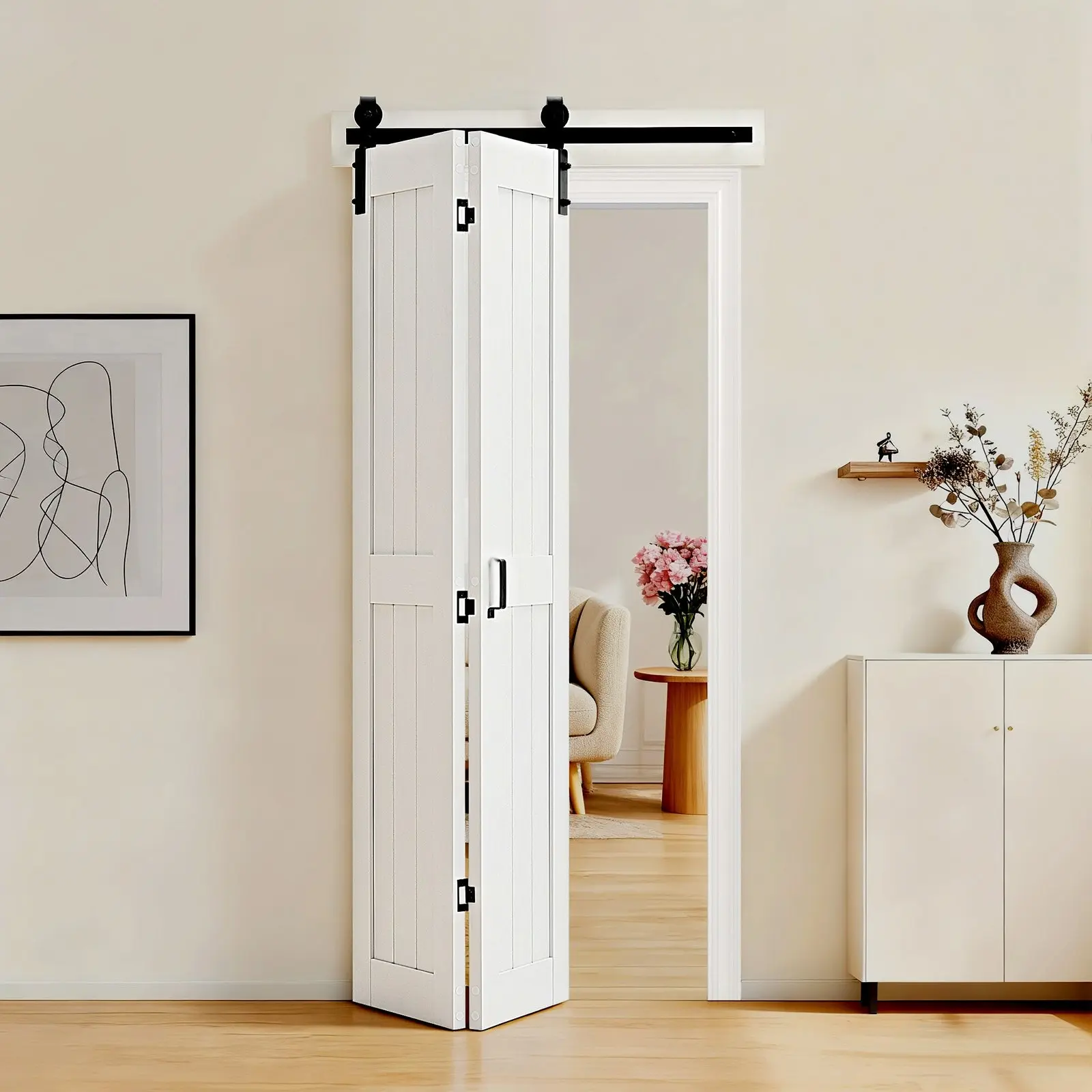 36" x 84" Bifold Barn Door In White Finish, MDF Bi-Fold Sliding Closet Doors With Hardware Kit Included, H-Frame Space-Saving Design, Assembly Required, Suitable For Bedroom, Living Room, Wardrobe, And Room Divider