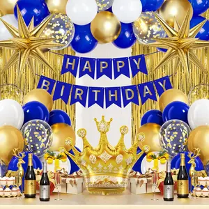 Royal Blue Gold Men'S Birthday Banner, Fringe Curtains, Metallic Balloons For 16Th To 60Th Birthdays