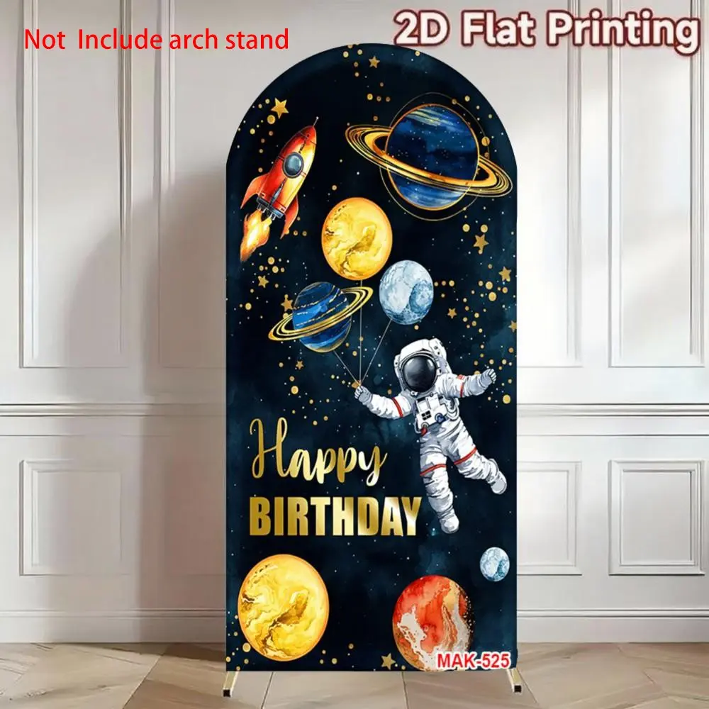 Astronaut Theme Space Rocket Happy Birthday Arch Backdrop Cover for Boy Birthday Game Party Decoration Supplies Elastic Double-Sided Spandex Fabric Background