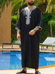 Muslim Men's Embroidered V-Neck Moroccan Style Thobe, Short Sleeve Loose-Fitting Traditional Design for Festivals and Daily Wear