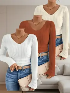 Women's Solid V Neck Long Sleeve Tee, Casual Basic Slim Fit Womenswear T-shirt for Fall & Winter, Women's Top for Daily Wear