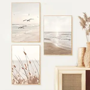 3 Pieces Nordic Style Beach Seagull Reef Art, Seascape Wall Mural, Fresh Ocean Home Art, Nautical Gallery Decor, Bright Tone Painting, Wall Decor for Living Room and Bathroom, Framed or Unframed.