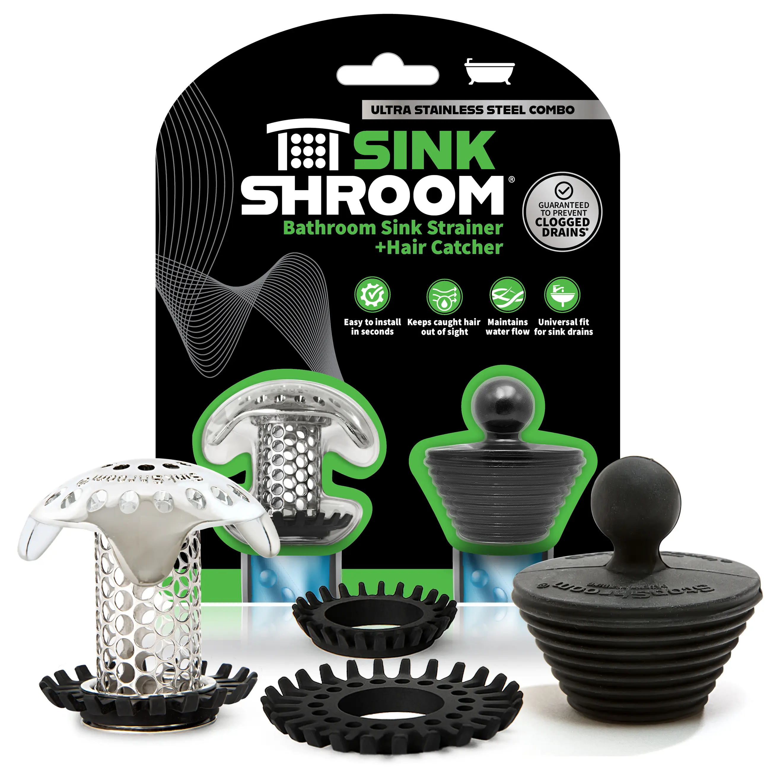 SinkShroom Bathroom Sink Drain Protector in Stainless Steel with StopShroom and Stopper
