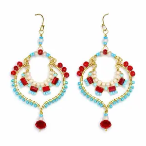 Jewelry Designs by Brandy Frazier Handcrafted Earrings Handmade wire wrapped Beaded drop dangle with hand shaped work hardened brass findings and gold plated ear wires Faceted red beads while red iridescent & aqua glass seed beads dangling earring woman