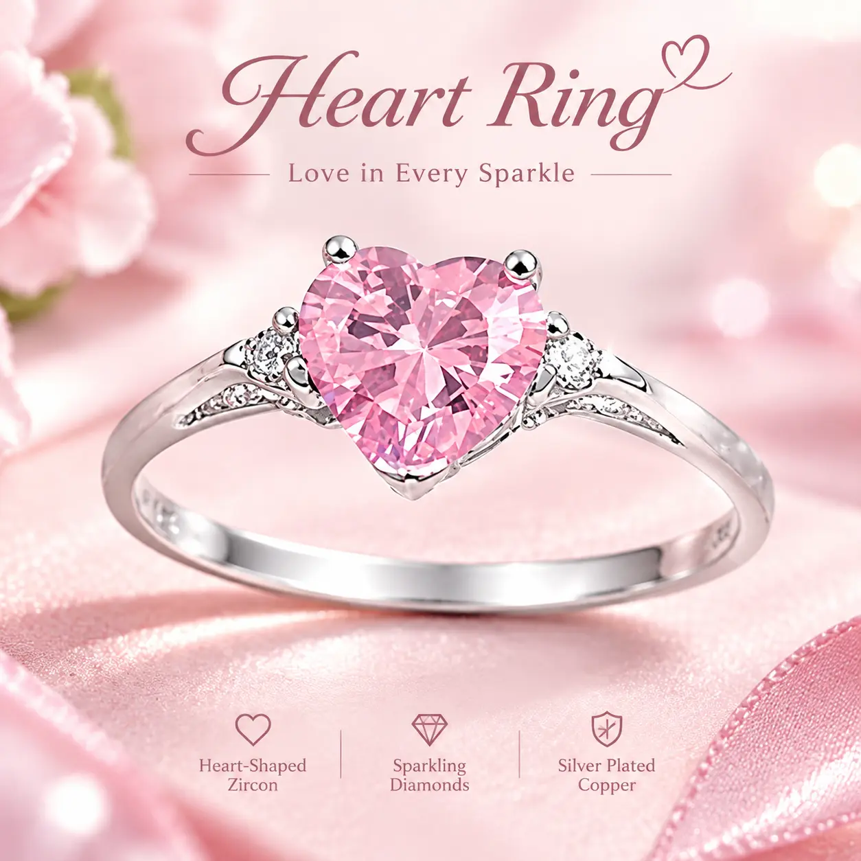 Heart Ring Love Sparkle, Heart-Shaped Zircon Ring, Sparkling Diamonds Heart Ring, Silver Plated Copper Engagement Ring, Heart Love Jewelry, CZ Heart Ring, Promise Ring Heart, Wedding Heart Ring