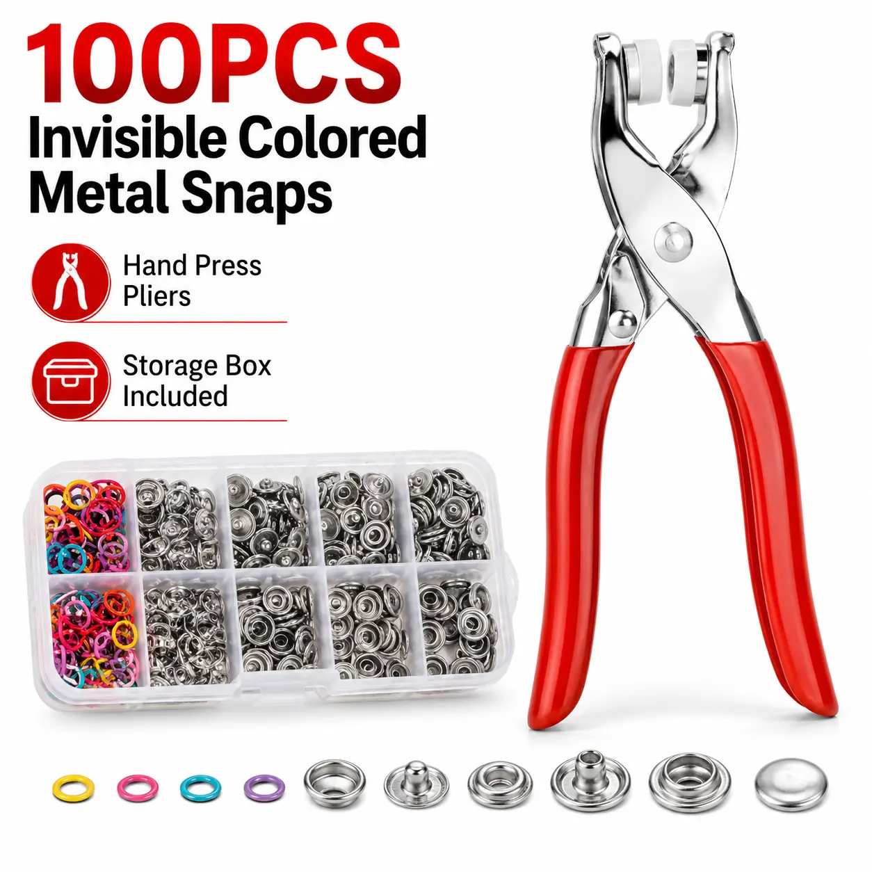 Portable DIY-Friendly Sewing Tool Kit - 100 Invisible Colored Metal Buckles, 1 Manual Pressure Pliers, Household Sewing Supplies for Garment Making, Seamless Stitching Handicrafts