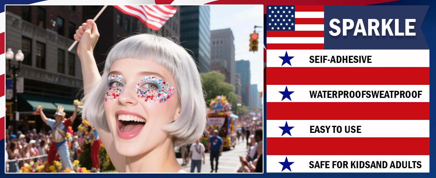 Red White and Blue Star Face Glitter Stick,Waterproof Body&Hair Glitter,Patriotic USA Flag Sparkle Stick for World Soccer Game Independence Day 250 Anniversary Makeup，Outfit Accessories for Kids, for Independence Day Party, Festival & Fun Holiday Look