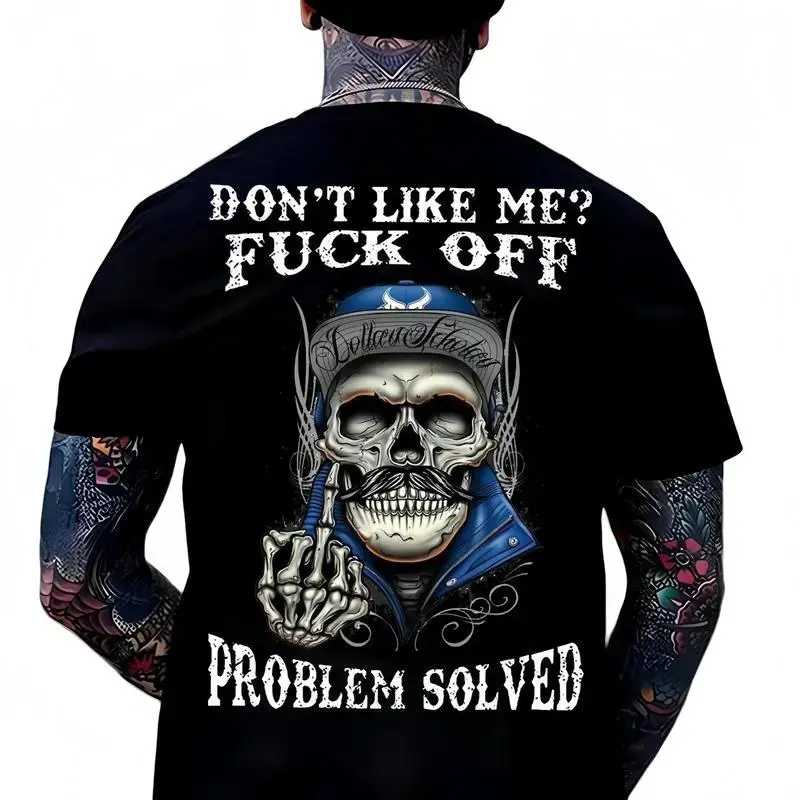 Edgy Skeleton Skull Back‑Print Graphic Tee, Sarcastic Attitude Quote Unisex T‑Shirt, Retro Tattoo‑Style Streetwear Round‑Neck Casual Top