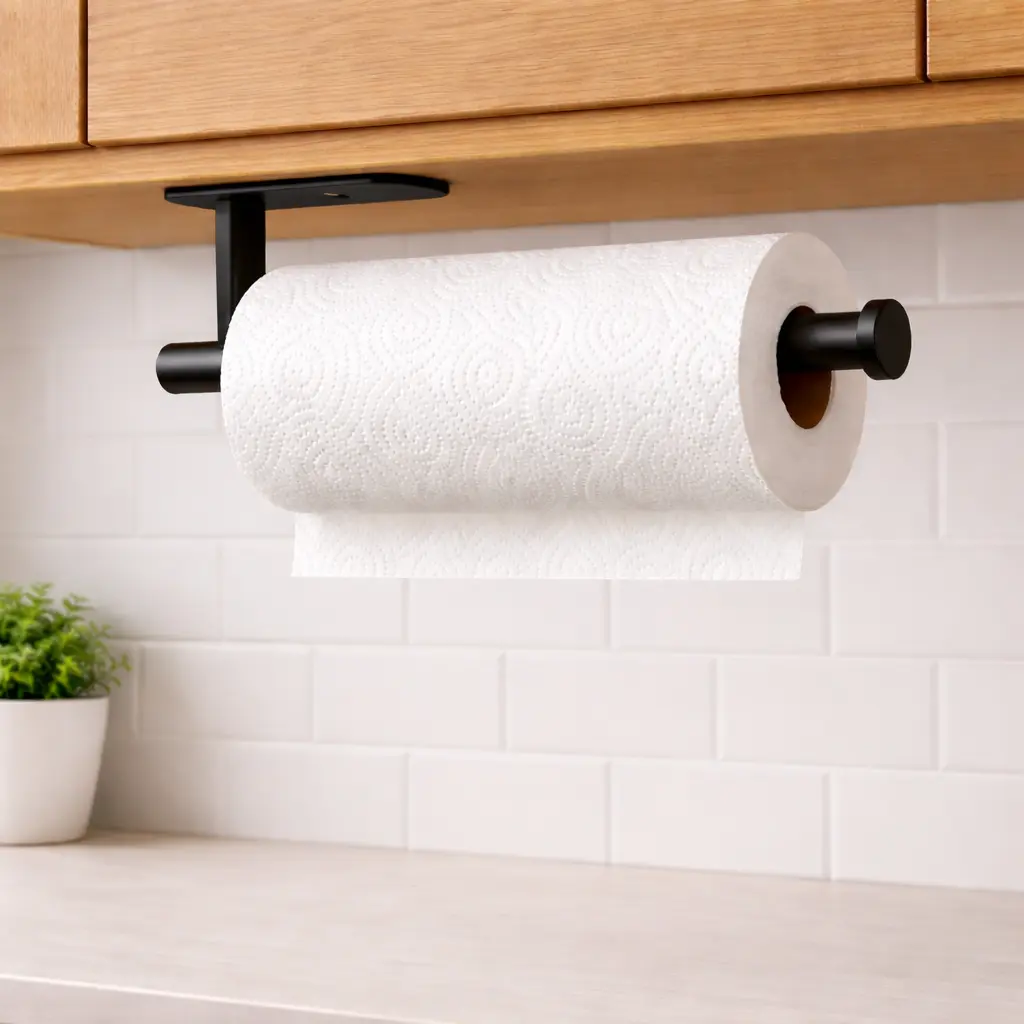 Paper Towel Holder, Self Adhesive or Drilling Paper Towel Holder Under Cabinet, Stainless Steel Black Paper Towel Holders Wall Mount for Kitchen, Bathroom, Sink, Pantry, Fridge