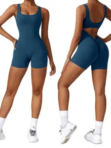 Women's Solid Square Neck Sports Romper, Casual Sleeveless Racer Back Bodycon Romper for Yoga Gym Workout, Ladies Sportswear for All Seasons, Sporty Jumpsuit