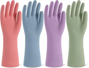 Rubber Cleaning Gloves for Dishwashing, 4 Pairs Reusable Kitchen Gloves for Washing Dishes and Household Cleaning, Colorful Dish Gloves with Flocked Lining and Non-Slip Grip, Pefect for Woman Men - M