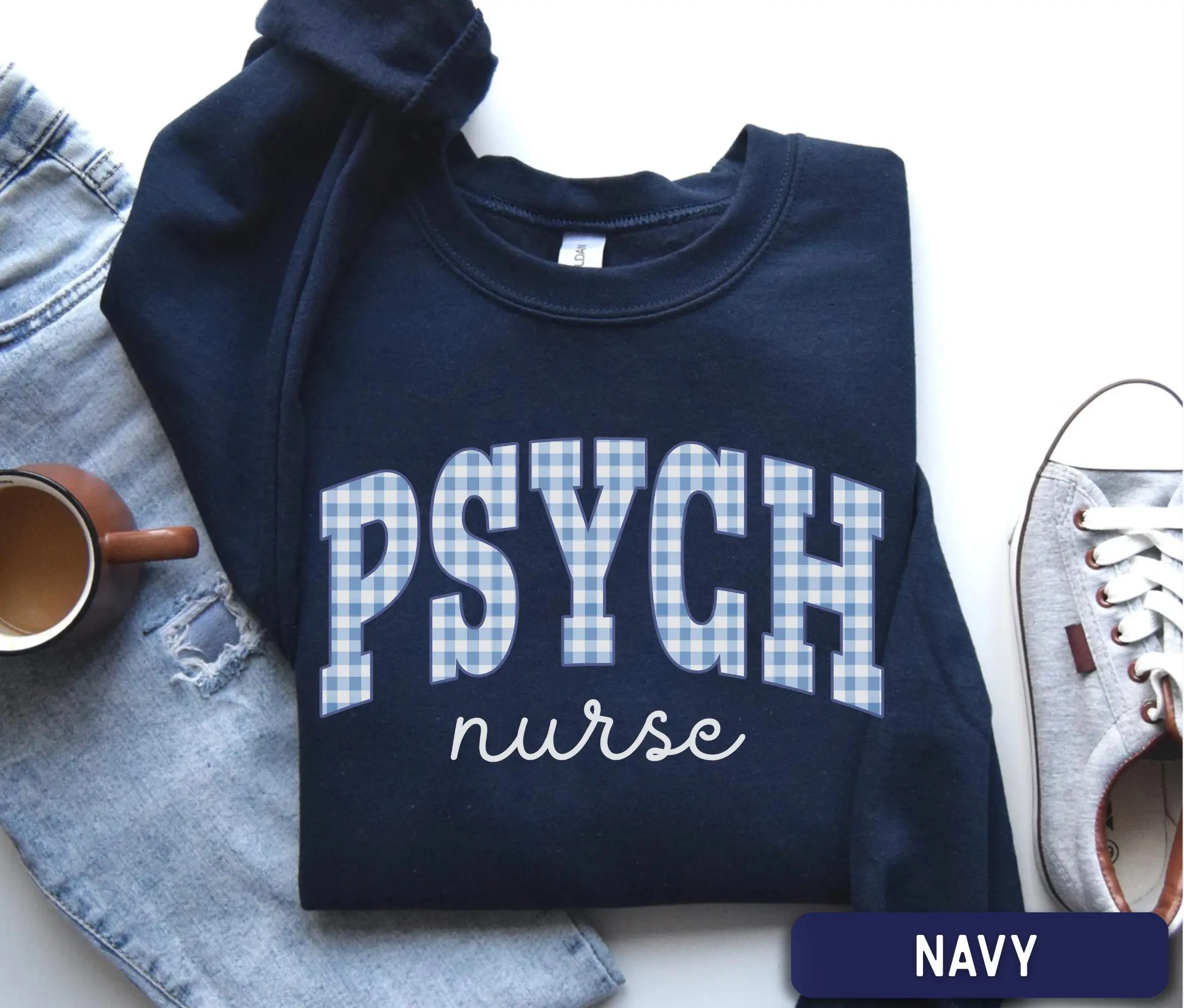 Psych Nurse Sweatshirt, Blue Gingham Nurse Crewneck, Psychiatric Nurse, Mental Health Nurse Sweater, Nurse Work Apparel