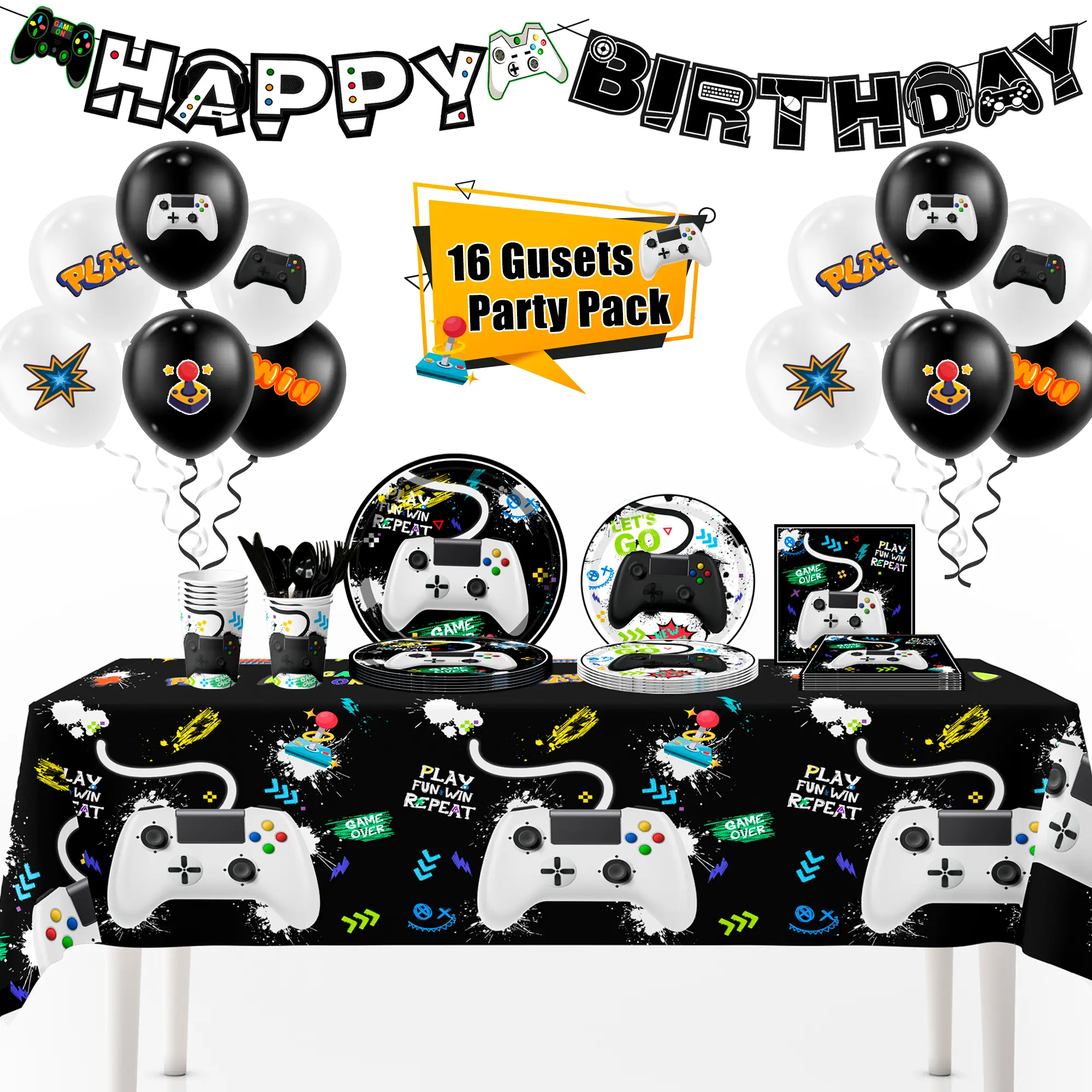 Video Game Birthday Decorations for Boys, 140 pcs Gamer Birthday Decorations, Tableware Set-Video Game Party Banner Balloons, Gaming Party Plates Napkins Table Cloth etc Video Game Birthday Party Supplies