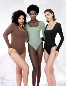PUMIEY Square Neck Long Sleeve Bodysuit Buttery Soft  Women'sSexy Body Suit Tops Fabric Womenswear slim-fitting square neck bodysuit  chanclas candice  swanepoel